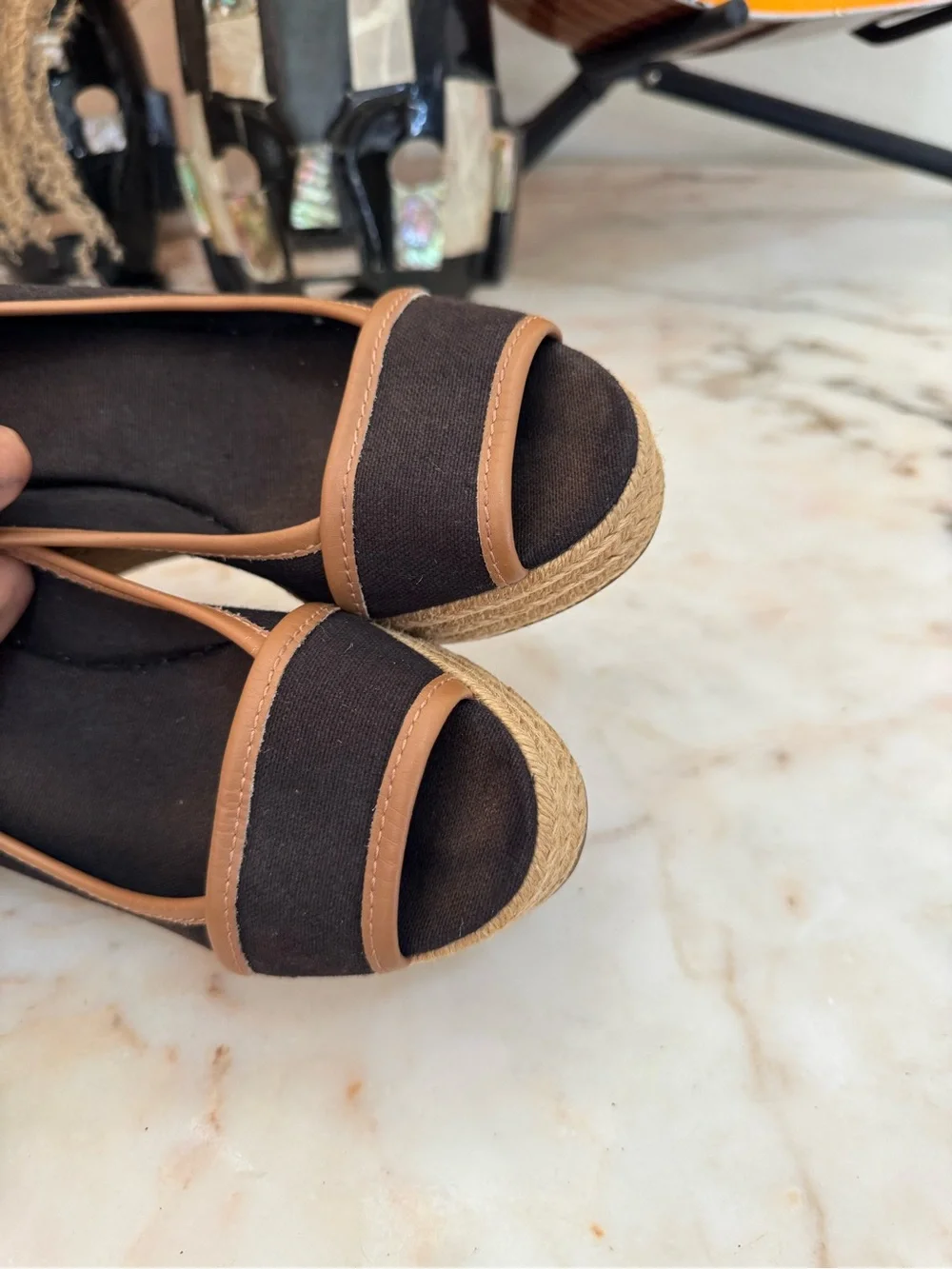 Tory Burch Black Canvas Espadrille Wedge Peep Toe Shoes Women’s EU 37.5
